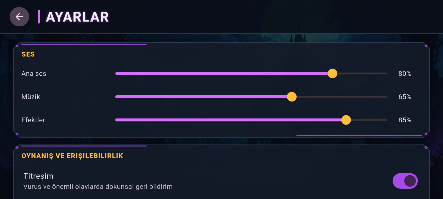 Shadow Spark ayarlar ekranı